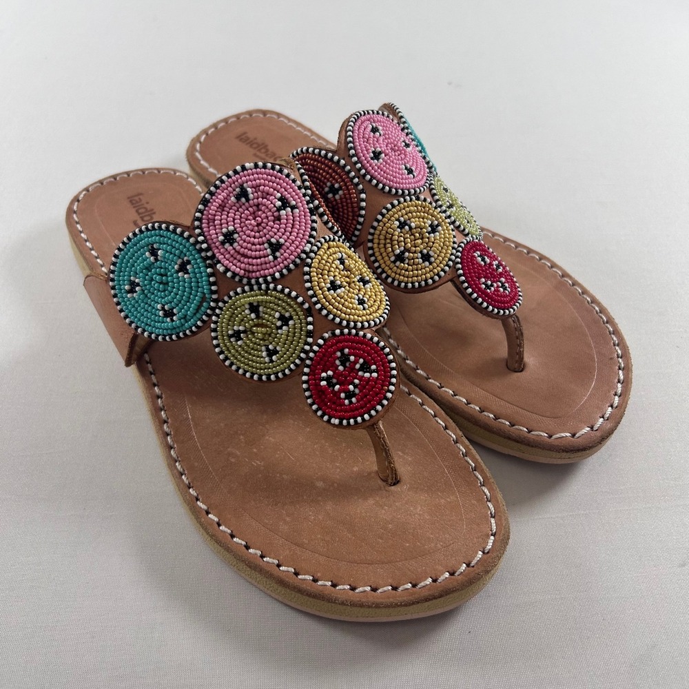 Laidback London Beaded Sandals Womens 38 Multi Colored Tan Leather Thong Slides